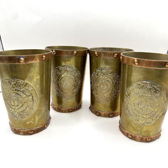Mayan Calendar Tankard Mug 1970's Copper and Brass NO HANDLE Set of 4 - Picture 1 of 5